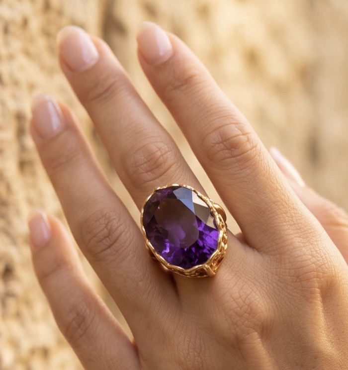 Peace 19.5 carat natural Amethyst 18K Rose Gold over .925 Sterling Silver Handcrafted Ring size 8 3/4 - Amethyst ring worn on hand, 18K Rose Gold, close-up view.