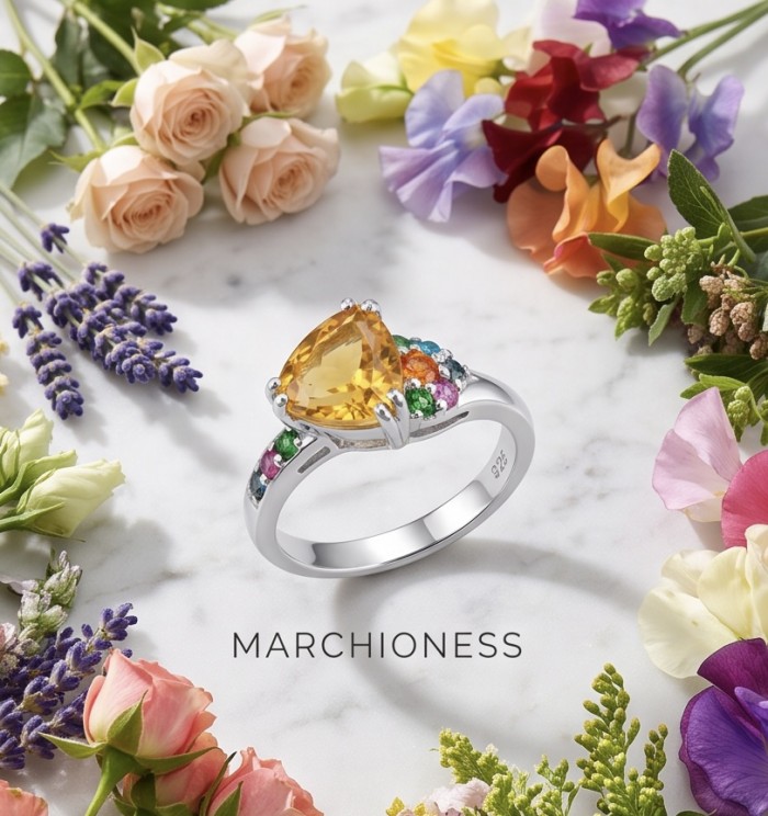 Victoria 5.2 carat Brazilian Citrine .925 Sterling Silver dipped in rhodium handcrafted ring; s. 7 - Victoria Citrine Sterling Silver Ring, top view, surrounded by flowers.