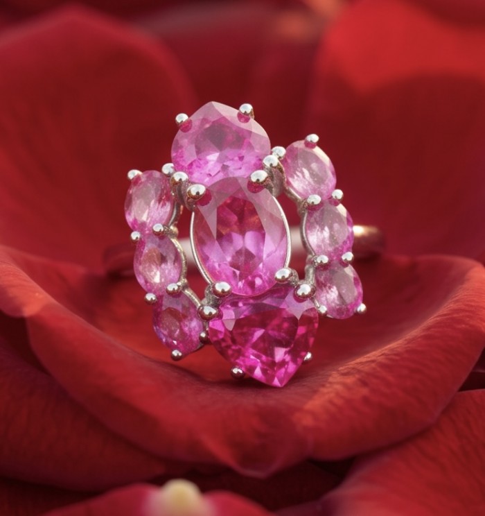 Isabella 10.2 carat Hot Pink Topaz .925 Sterling Silver Perfectly handcrafted Statement Ring size 7 - Close-up of Isabella 10.2 carat hot pink topaz ring on rose petals.
