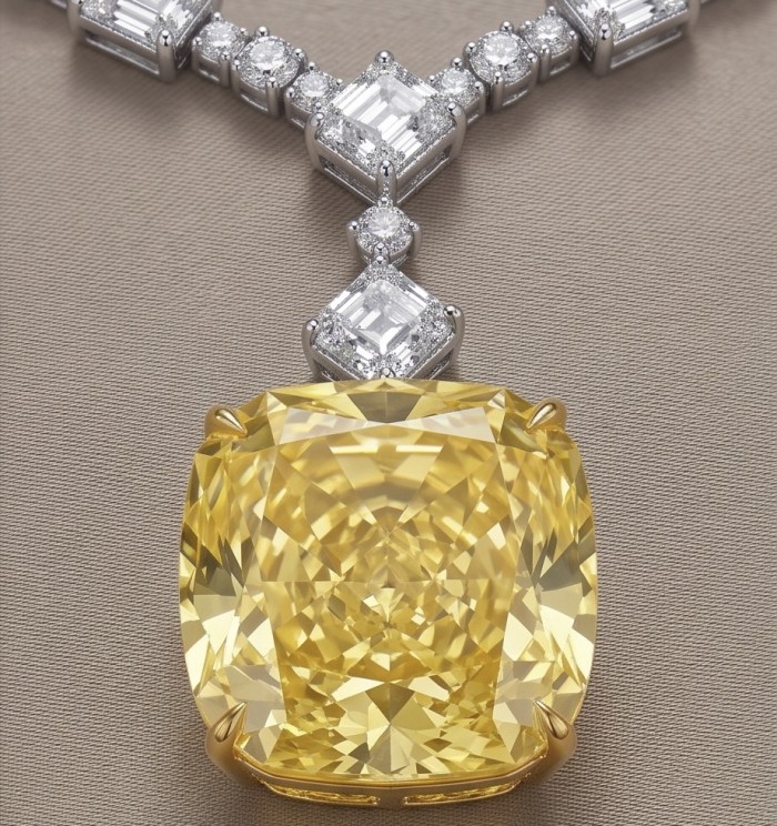 Iconic design - RARE BEAUTY - Valentina 108.2 carat asscher cut Yellow Sapphire .925 Sterling Silver dipped in rhodium Statement Necklace - Yellow diamond necklace close-up with asscher cut details