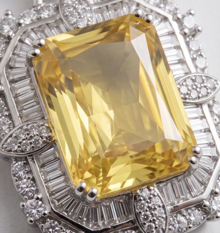 Art Deco - Baquette cut 35.5 carat YELLOW SAPPHIRE .925 Sterling Silver dipped in Rhodium handcrafted necklace - Close-up of Art Deco baguette cut 35.5 carat yellow sapphire ring