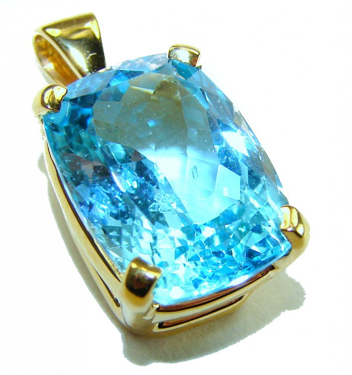 Atlantica baquette cut 10.9 carat Swiss Blue Topaz 18K Gold over .925 Sterling Silver Handcrafted Pendant - Close-up of Swiss Blue Topaz set in 18K gold pendant