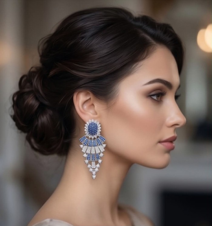 Authentic 4.7 carat Sapphire Rhodium over .925 Sterling Silver handcrafted Statement earrings - Side view: Sapphire earrings on model with elegant updo hairstyle.