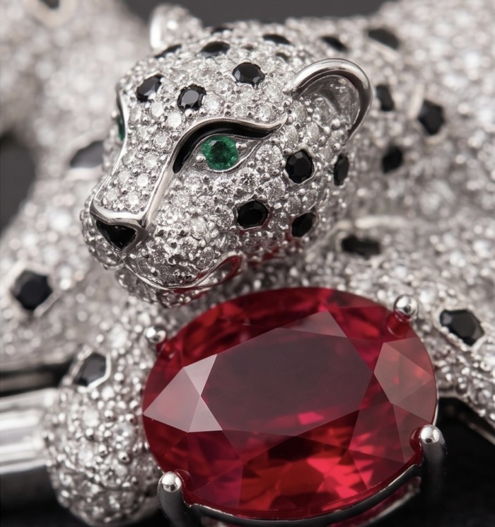 Precious Cheetah authentic 7.4 carat Ruby .925 Sterling Silver Handcrafted pendant brooch - Close-up of jeweled cheetah holding 7.4 carat ruby in sterling silver.