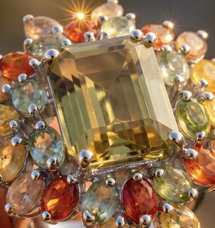 Costa del Sol 18.8 carat Genuine Lemon Quartz Sapphire .925 Sterling Silver handcrafted ring size 7 1/2 - Close-up of Costa del Sol lemon quartz and sapphire jewelry.