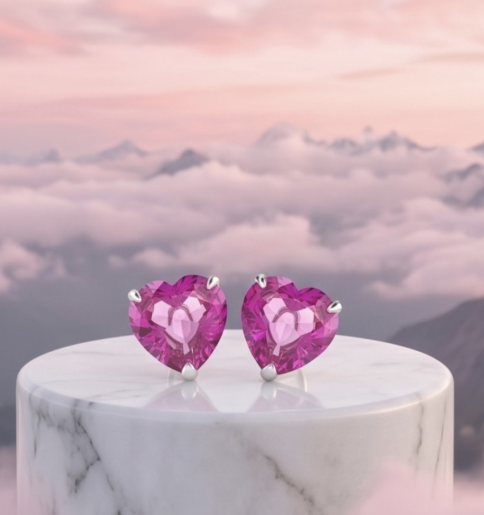 Exceptional- Pink Hearts - 35.7 carat Pink Sapphire .925 Sterling Silver dipped in rhodium luxuriously Handcrafted Statement earrings - Heart-shaped pink sapphire earrings on marble stand, front view.