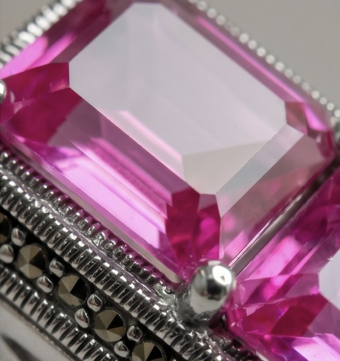 Anastasia 18.2 carat Pink Sapphire .925 Sterling Silver dipped in Rhodium Handcrafted Statement Ring size 8 - Close-up of Anastasia 18.2 carat pink sapphire in sterling silver setting.