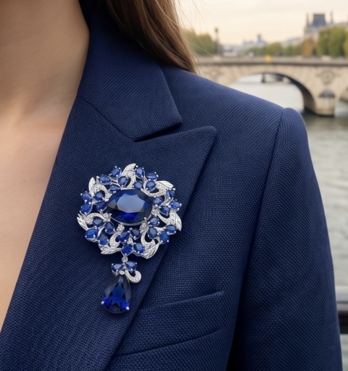 An exuberantly Large 135.8 carats Vintage style Sapphire .925 Sterling Silver DIPPED IN RHODIUM handmade LARGE Pendant - Brooch - Large sapphire brooch on lapel, close-up with scenic background.