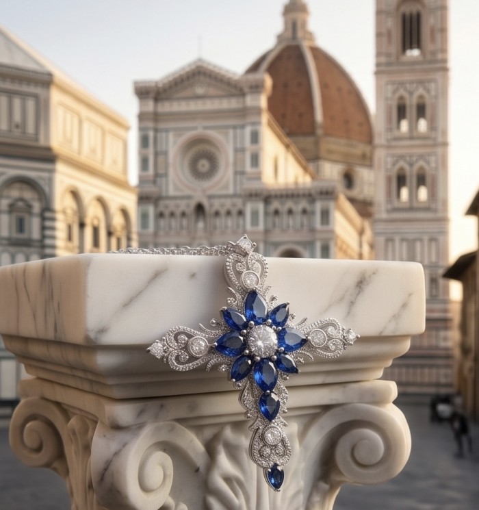 Sacrifice 9.2 carat Sapphire .925 Sterling Silver handcrafted Statement Necklace - Sapphire cross pendant on marble, front view, Duomo in background
