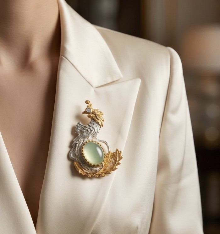 Green Rooster 11.2 carat Prehnite 2 tones .925 Sterling Silver handmade Brooch - Brooch worn on lapel: green prehnite, rooster design, two-tone sterling silver.