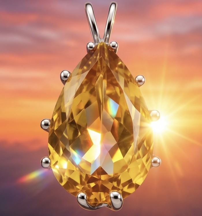 Oval cut 22.5 carat Lemon Quartz rhodium over .925 Sterling Silver handcrafted pendant - Close-up of oval cut Lemon Quartz pendant against a sunset background.