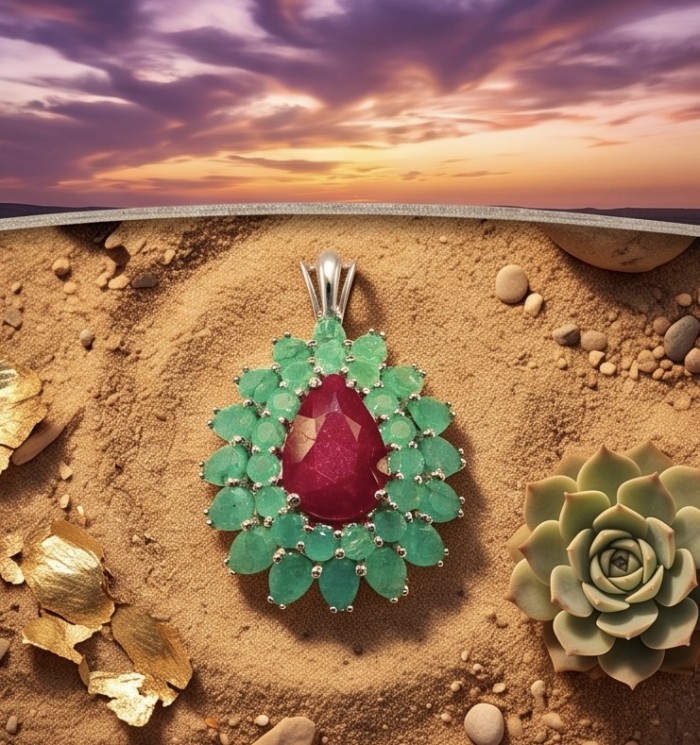 Rose Garden - authentic 10.5 carat Ruby Emerald rhodium over .925 Sterling Silver handcrafted Pendant - Top view of ruby emerald pendant on sand with sunset background