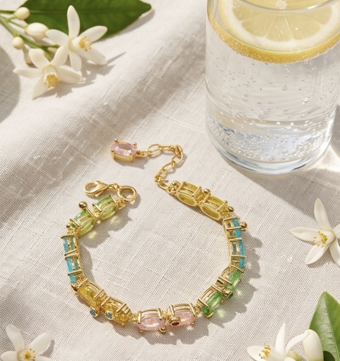Tutti Frutti 32.5 CARAT MULTIGEM 18K Gold over .925 Sterling Silver brilliantly handcrafted Bracelet - Multigem bracelet with flowers and lemon water, top view.