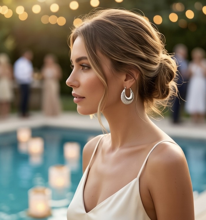 Highly Polished Fancy Modern design .925 Sterling Silver Italy made Earrings - Side view of woman wearing modern .925 sterling silver earrings.