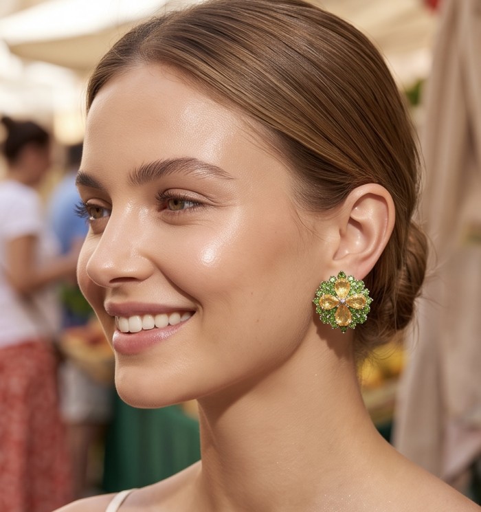 Vivien Luxurious Style - Natural 22.2 carat Citrine .925 Sterling Silver dipped in rhodium handmade earrings - Side view of earrings worn, showcasing Natural 22.2 carat Citrine design.