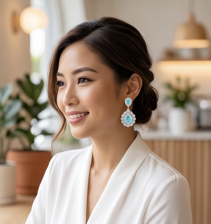 Estelle - Authentic 4.5 carat COLOMBIAN EMERALD .925 Sterling Silver handcrafted Statement earrings - Side view, woman wearing Estelle Colombian emerald earrings.