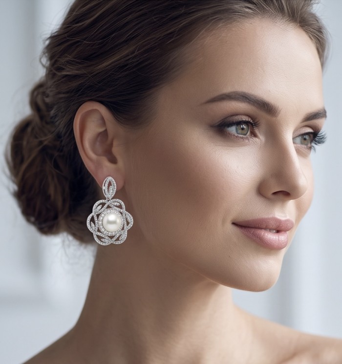 BLOOMING FLOWERS Genuine Pearl 0.2 CARAT lab grown Diamond rhodium over .925 Sterling Silver handcrafted Statement Earrings - Side view of BLOOMING FLOWERS pearl and diamond earrings worn.