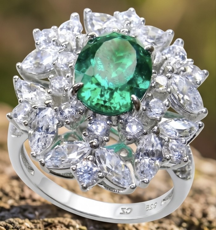 Elizabeth oval cut 4.8 carat Colombian Emerald 11.2 carat Moissanite .925 Sterling Silver dipped in Rhodium handcrafted Ring size 8 - Close-up of Elizabeth ring with emerald and surrounding diamonds