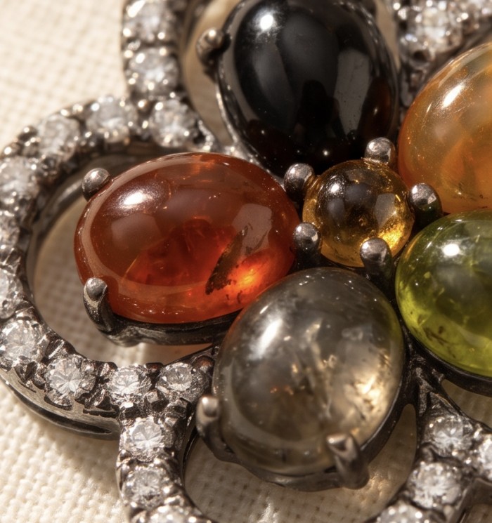 Rio de Janeiro 12.7 carat Brazilian Watermalon Tourmaline black rhodium over .925 Sterling Silver handmade Pendant - Close-up of multicolored gemstones on Rio de Janeiro brooch.