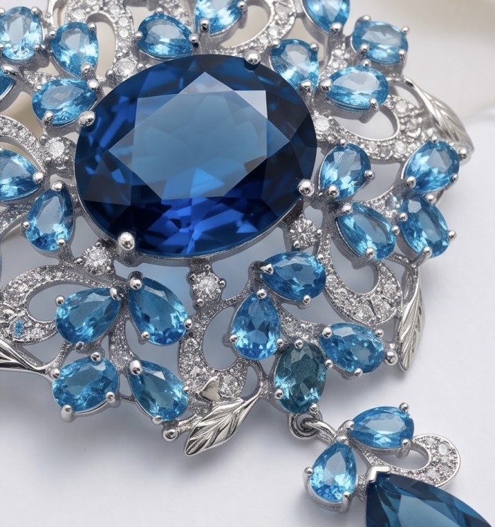 An exuberantly Large 58.2 grams Vintage style Swiss Blue Topaz .925 Sterling Silver DIPPED IN RHODIUM handmade LARGE Pendant - Brooch - Close-up of vintage-style jewelry with blue gemstones and intricate design.