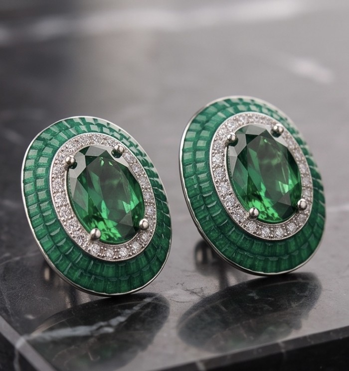 Julietta 12.5 carat Colombian Emerald .925 Sterling Silver handmade Statement earrings - Emerald earrings with sterling silver setting on marble background close-up