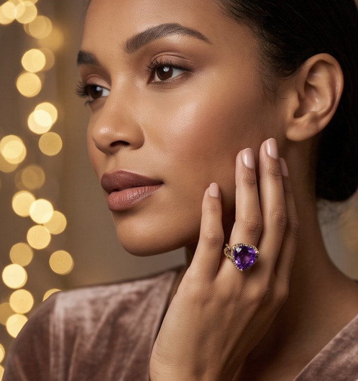 Giuseppina - Authentic 25.5 carat Amethyst Sapphire 22k Gold over .925 Sterling Silver handcrafted Statement Ring size 6 - Amethyst ring worn on hand, side view, with blurred lights in background.