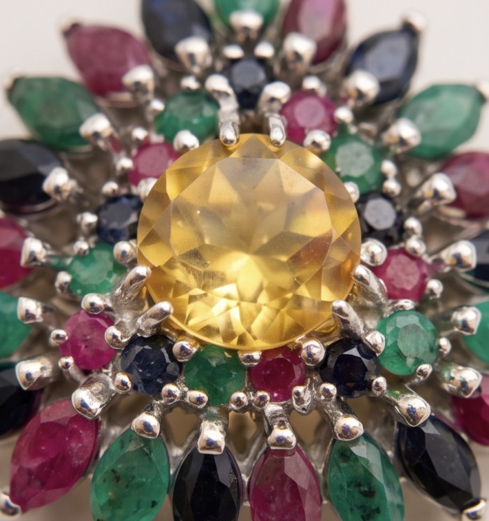 Victoria Authentic 10.5 carat Brazilian Citrine .925 Sterling Silver brilliantly handcrafted Statement Pendant - Close-up of multicolored gemstone cluster ring with citrine center