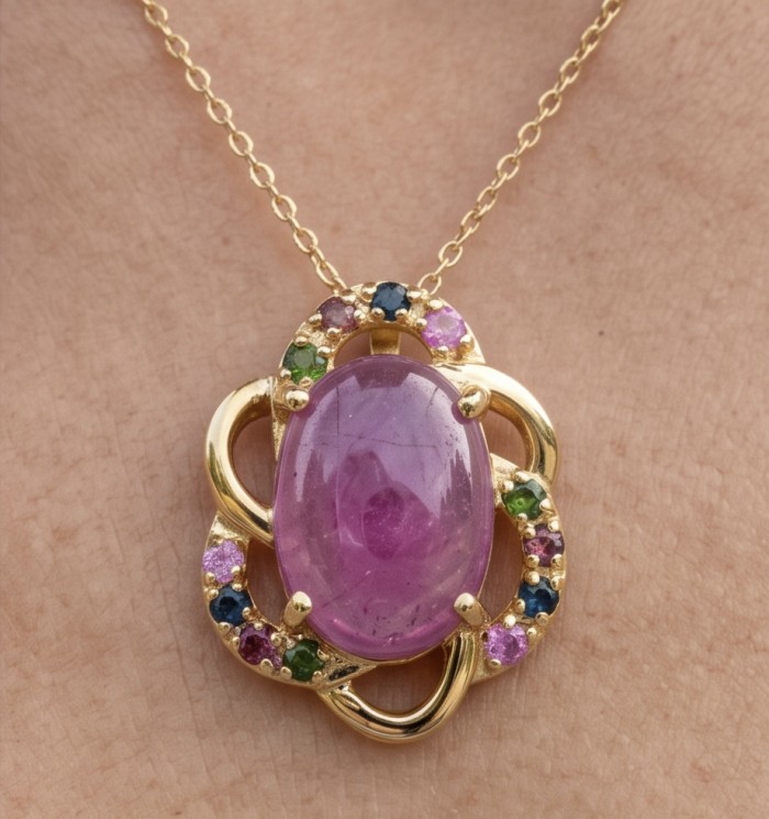 Authentic 6.4 CARAT Ruby 14K Gold over .925 Sterling Silver Pendant - Close-up of 6.4 carat ruby necklace worn on neck.