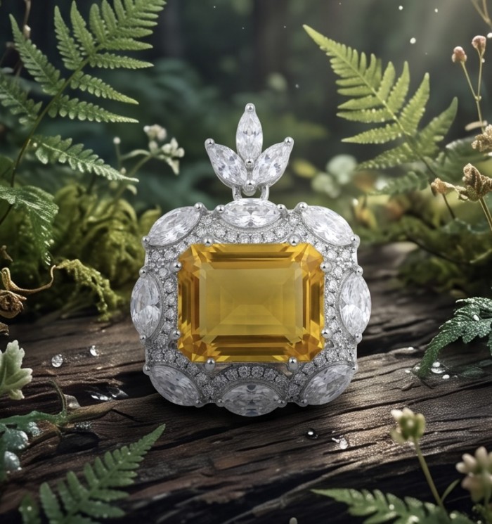 Vintage style boquette cut 12.8 carat yellow Sapphire .925 Sterling Silver DIPPED IN RHODIUM handmade Pendant - Close-up of vintage style yellow sapphire ring in a natural setting