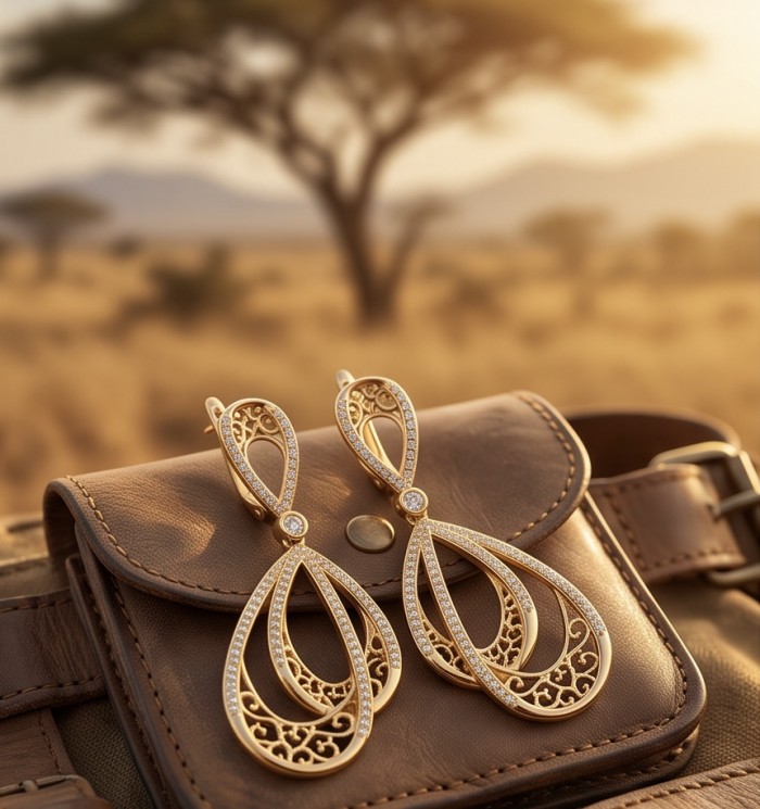 Black Label Collection - Dubai Style - Natural 22K Gold over .925 Sterling Silver handmade earrings - Gold earrings on leather bag with blurred natural background
