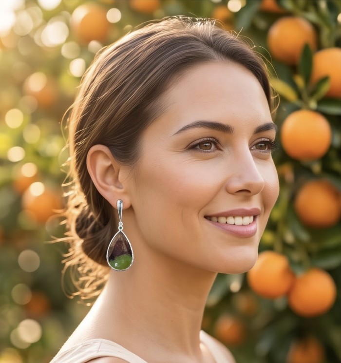 Large Unique genuine Chrysoprase rhodium over .925 Sterling Silver handmade earrings - Woman wearing silver earrings with Peruvian stone, side view in orange grove.