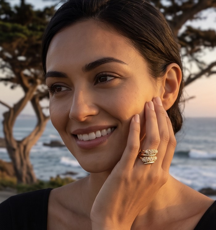 Authentic 4.2 carat Morganite 14K White Gold over .925 Sterling Silver ring s. 8 - Ring worn on hand, 4.2 carat Morganite, scenic background.