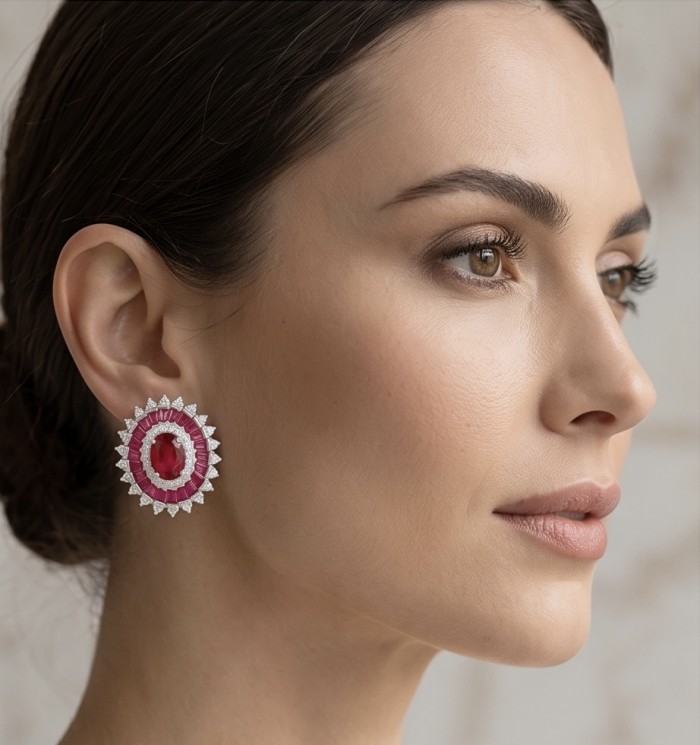 Art Deco - Genuine 3.8 carat Ruby rhodium over .925 Sterling Silver handcrafted Statement Earrings - Side view of Art Deco ruby earring worn on ear.