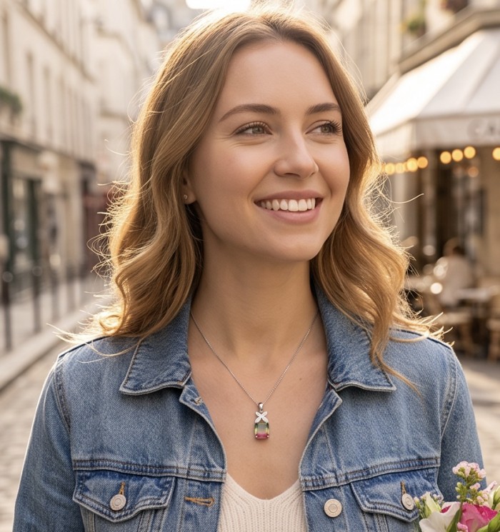 Isabella 4.8 carat princess cut Brazilian Tourmaline .925 Sterling Silver Perfectly handcrafted pendant - Woman wearing Isabella 4.8 ct Brazilian Tourmaline pendant, street view.