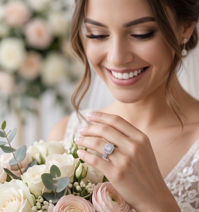 Real Beauty - 5.5 carat White Topaz .925 Sterling Silver Handcrafted Statement Ring size 7 1/2 - Bridal ring on hand, showcasing 5.5 carat white topaz with bouquet.