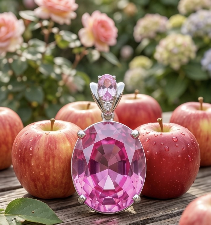 Incredible oval cut 27.8 carat Bubblegum Pink Sapphire .925 Sterling Silver handcrafted pendant - Close-up of oval cut pink sapphire pendant with apples in the background.