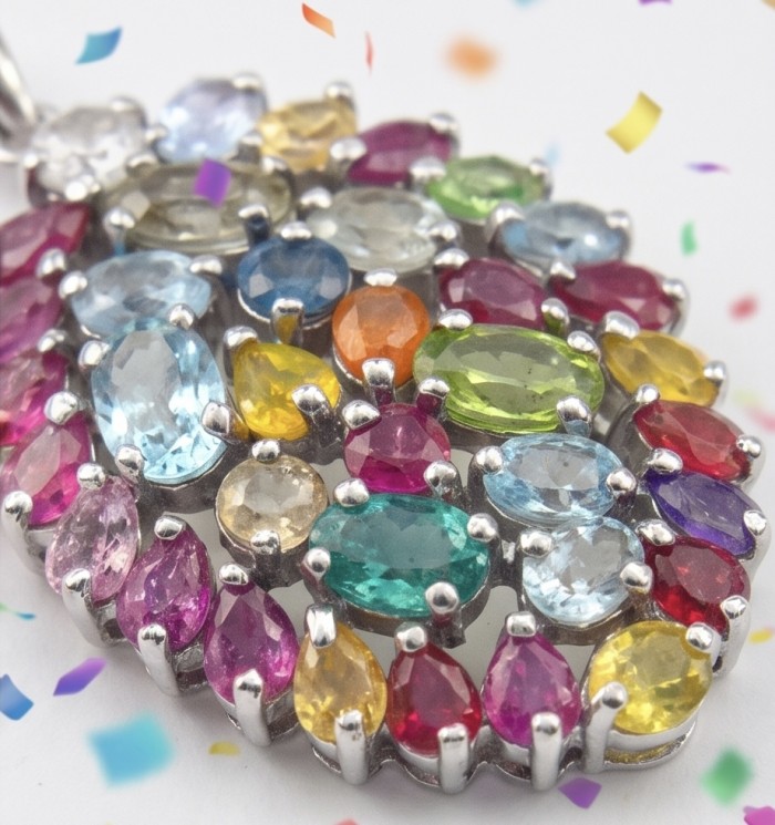 Colors of the Earth Precious 24.5 carat Multigem .925 Sterling Silver dipped in black rhodium Pendant - Stone close-up of colorful multigem .925 sterling silver jewelry