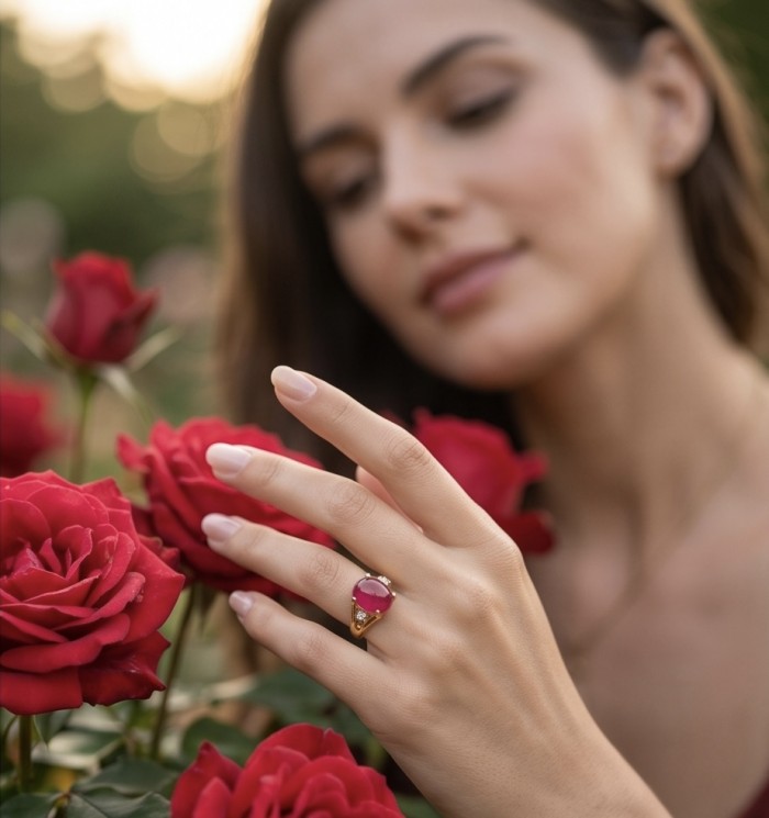 Carmen Natural 11.4 carat Kasmir Ruby .925 Sterling Silver dipped in 22K Gold handmade Statement Ring size 7 - Ruby ring worn on hand with red roses in the background.