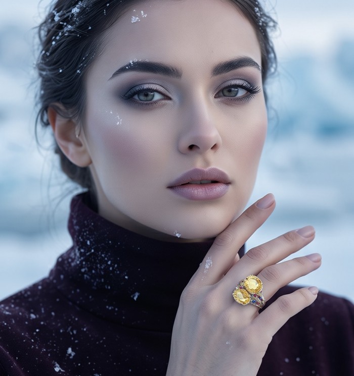 Emily 24.2 carat Brazilian Citrine .925 Sterling Silver dipped in rhodium handcrafted ring; s. 8 - Citrine ring worn on hand in snowy background close-up.