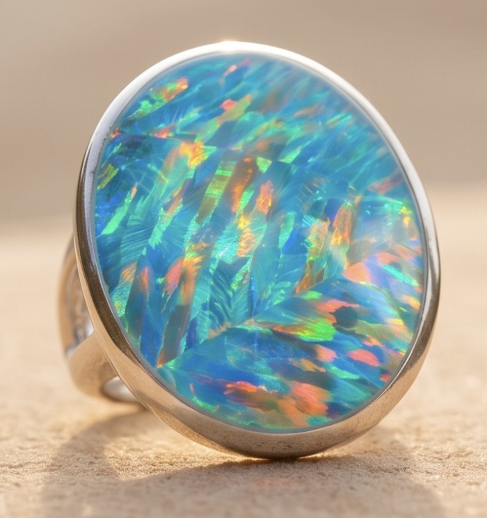 Endless Ocean Genuine 18.5 carat Australian Opal .925 Sterling Silver handmade Ring size 6 1/4 - Stone close-up of Endless Ocean Australian Opal ring in silver setting