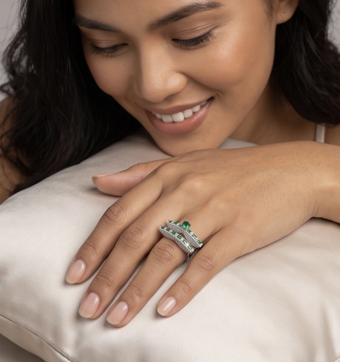 Extravaganza Large 10.6 carat Emerald .925 Sterling Silver brilliantly handcrafted stack up ring s. 8 1/2 - Emerald ring worn on hand, showcasing detailed design.