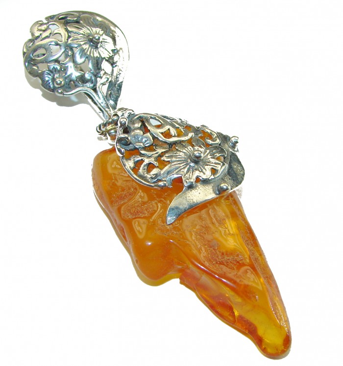 Royal Style 3 1/8 inch long authentic Baltic Amber .925 Sterling Silver handmade Pendant - photo 3