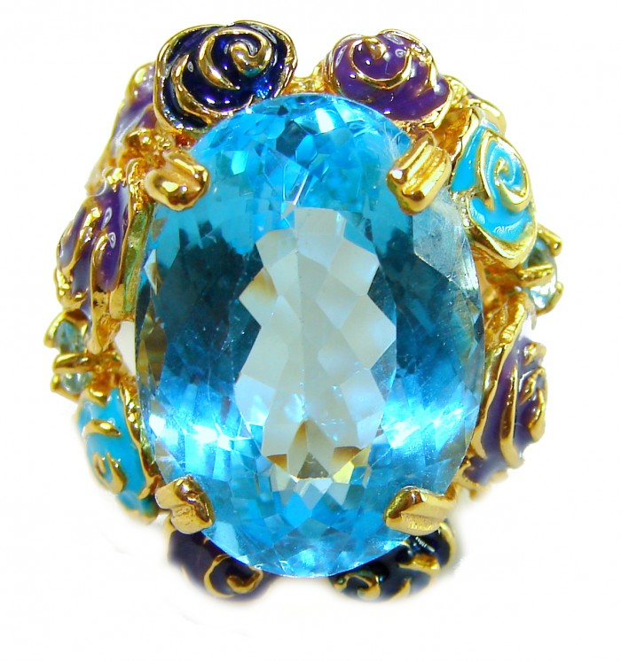 Blue Garden Natural 32.4 carat Swiss Blue Topaz .925 Sterling Silver dipped in 18K Gold handmade Large Statement Ring size 7 1/2 - Close-up of Blue Garden 32.4 carat Swiss Blue Topaz ring with floral accents.