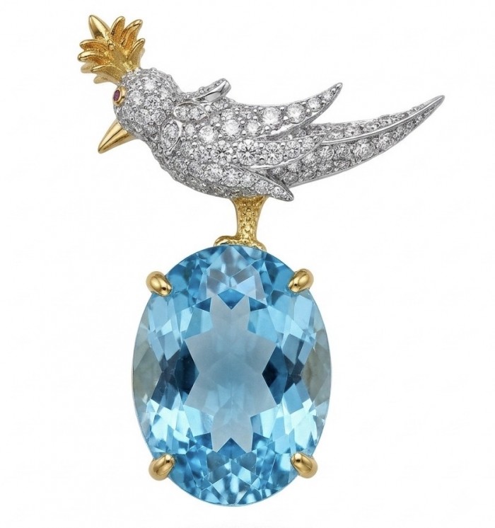 Bird on a Rock - Iconic design- Genuine 28.5 carat Aquamarine 18K Gold over .925 Sterling Silver handmade Pendant - Brooch - Bird on a Rock brooch with aquamarine stone, front view
