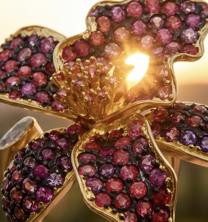 Red Lotus Natural pave 8.2 carat Ruby .925 Sterling Silver dipped IN 18k Gold handmade Statement Ring size 6 adjustable - Close-up of Red Lotus Ruby jewelry with sun shining through petals