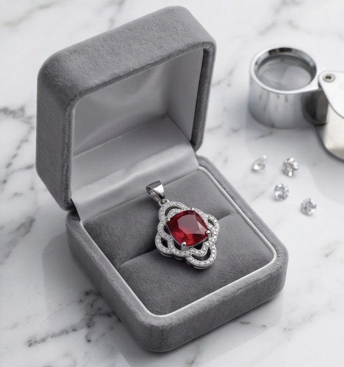Authentic 6.5 CARAT Ruby .925 Sterling Silver Pendant - 6.5 carat ruby pendant in grey box, top view on marble surface.