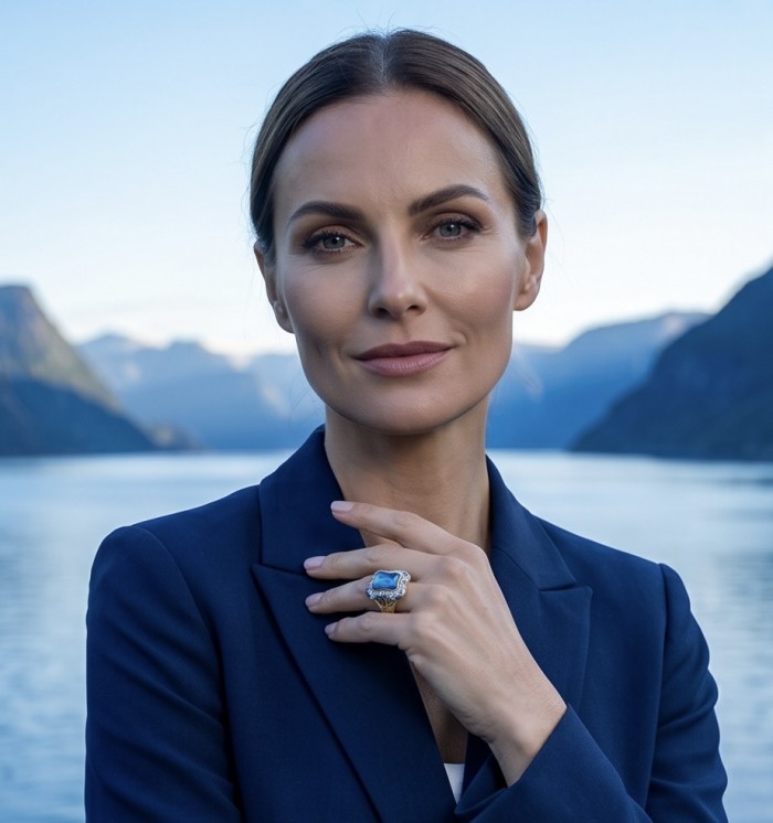 Blue Rhapsody - 18.5 carat natural Swiss Blue Topaz .925 Sterling Silver dipped in 22K Gold handcrafted Large Statement Ring size 7 1/2 - Woman wearing Blue Rhapsody ring, scenic lake background