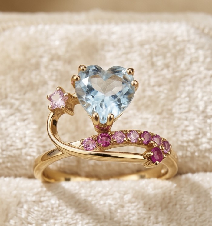 Atlantica 4.8 carat Swiss Blue Topaz 18K Gold over .925 Sterling Silver dipped in rhodium handcrafted ring size 8 - Heart-shaped blue topaz ring with pink stones on gold, close-up.