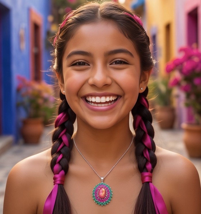 Carmen - authentic 22.5 carat Star Ruby rhodium over .925 Sterling Silver handcrafted Pendant - Necklace with Star Ruby pendant, worn by a smiling person with braids.