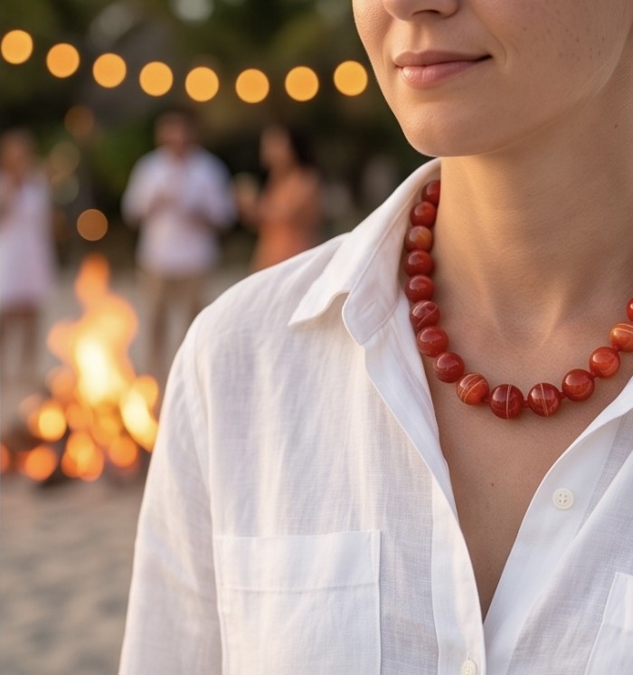 Talisman to banish fear and inspire action - Natural Carnelian Agate .925 Sterling Silver MASSIVE Necklace - Carneli necklace worn on neck at beach gathering, soft focus background
